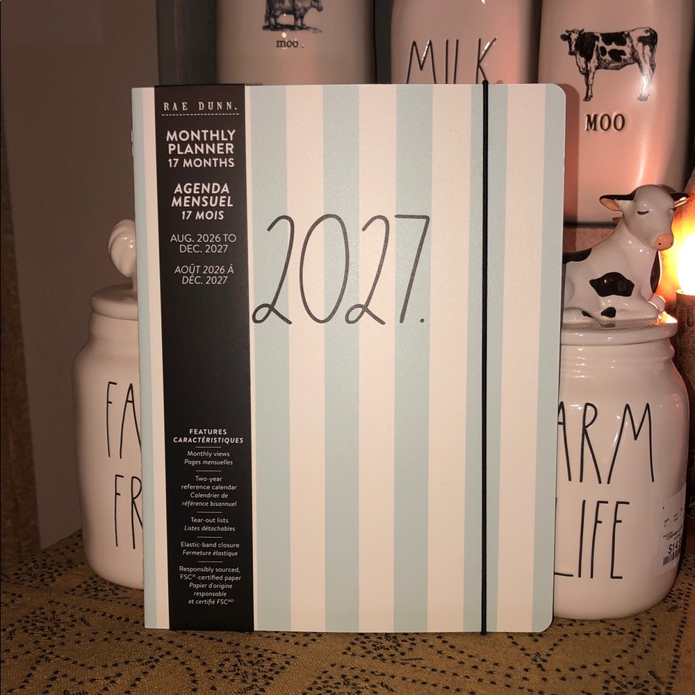 Rae Dunn 2027. 17 Month Planner with Blue/Green Stripes Design